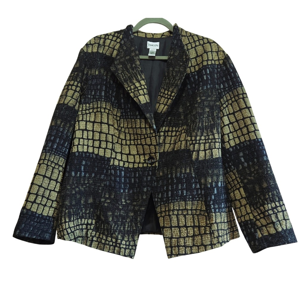 Chicos Silk Blend, Art to Wear, Crocodile Pattern Coat Acid Green, Black Sz 3/XL